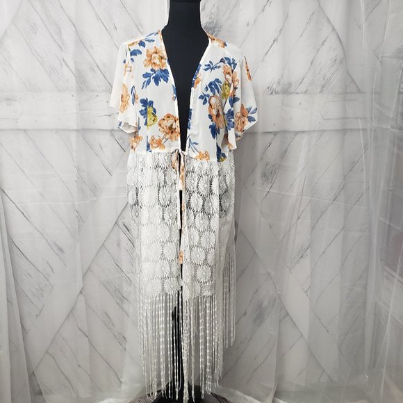 Shein Floral Lace Fringe Kimono Tie Cottage Core Boho Blouse Size 1XL - Picture 14 of 14
